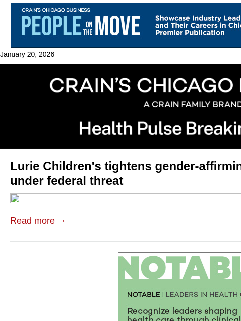 crainalerts newsletter: Lurie tightens gender care after HHS threat
