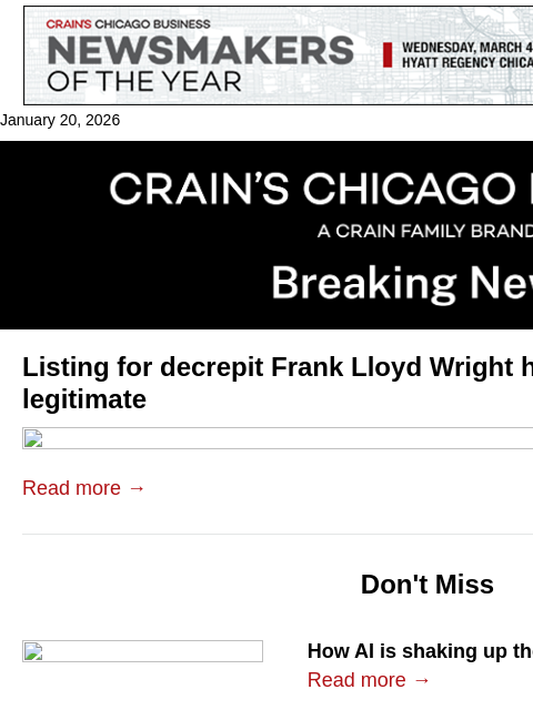 crainalerts newsletter: Listing for Frank Lloyd Wright house questioned