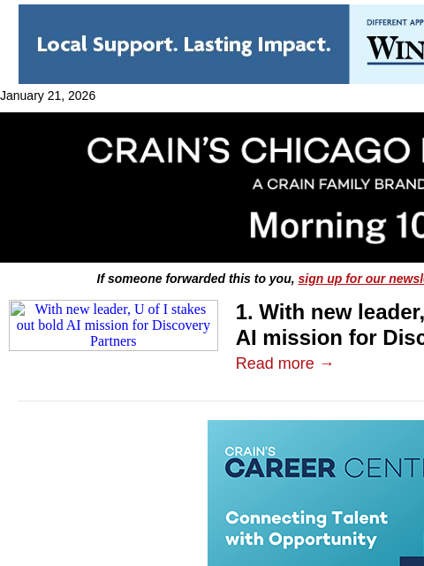 crainalerts newsletter: U of I shifts to AI with Discovery Partners reboot