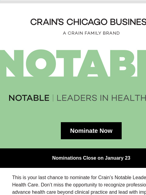 crainalerts newsletter: [Last Chance] Health Care Nominations Close Friday