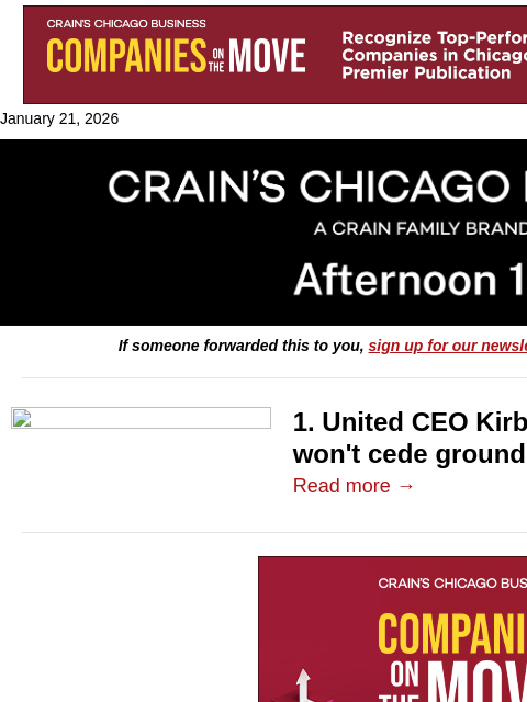 crainalerts newsletter: United CEO escalates O'Hare battle with American