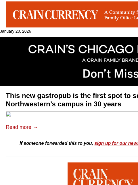 crainalerts newsletter: Northwestern opens lakefront gastropub