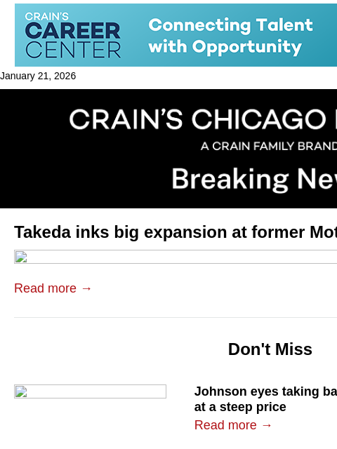 crainalerts newsletter: Takeda inks big expansion in Libertyville