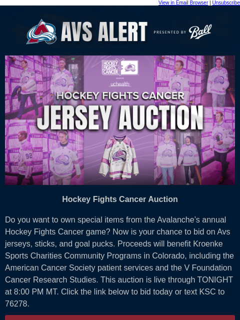 thecoloradoavalanche newsletter: 🏔️The Avs Hockey Fights Cancer Auction Is Live