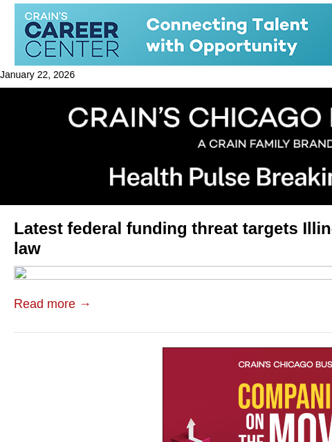 crainalerts newsletter: Illinois abortion law draws HHS funding threat