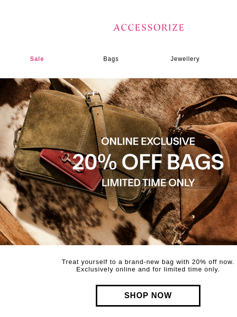 accessorize newsletter: STARTS NOW: 20% off *all* Bags!