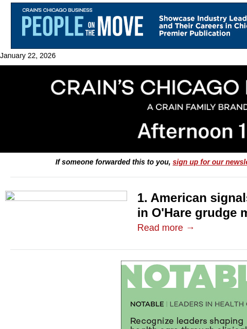 crainalerts newsletter: American fires back at United in O'Hare rivalry