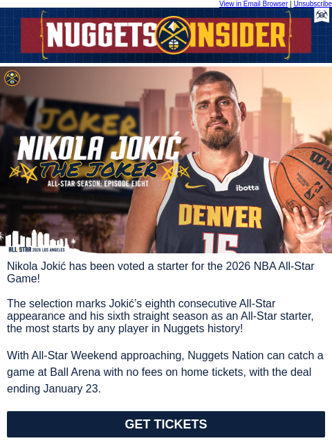 thedenvernuggets newsletter: Jokić Voted as a Starter for the 2026 NBA All-Star...