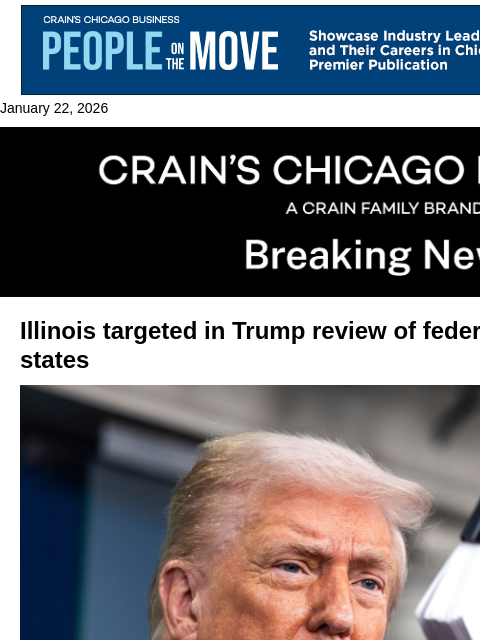crainalerts newsletter: Trump targets Illinois funding