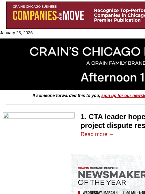 crainalerts newsletter: Dispute clouds CTA's Red Line extension