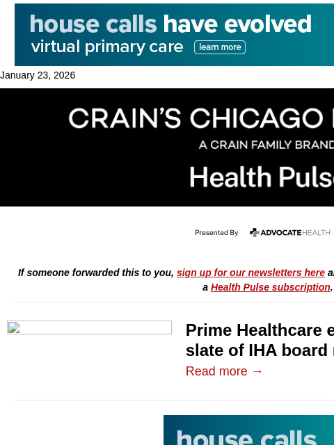 crainalerts newsletter: Prime Healthcare gets foothold in IHA board