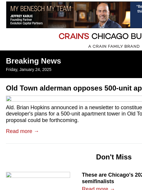 crainalerts newsletter: Old Town alderman opposes 500-unit apartment tower