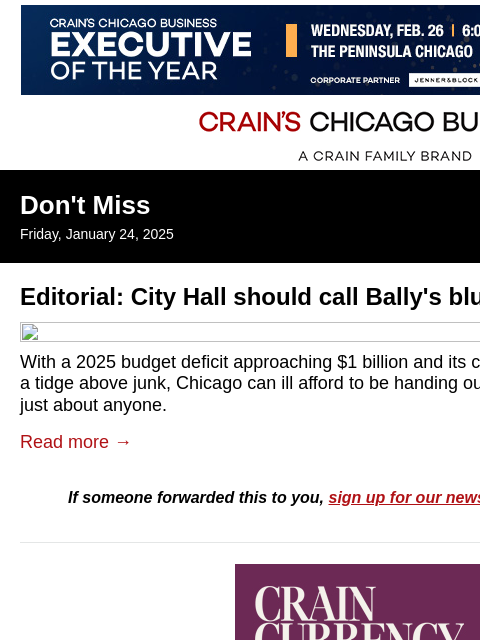 crainalerts newsletter: Editorial: City Hall should call Bally's bluff