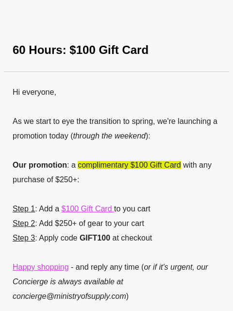 ministryofsupply newsletter: Cash(wool) and Carry and a $100 Gift Card