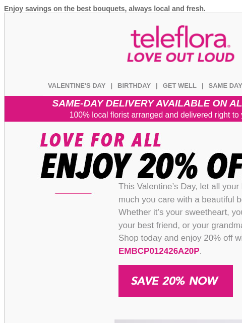 teleflora newsletter: 20% Off | Send Love to Everyone 💖