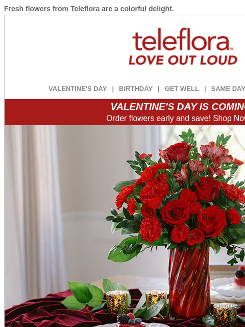 Fresh flowers from Teleflora are a colorful delight. View in browser ‌ teleflora VALENTINE'S DAY | BIRTHDAY | GET WELL | SAME DAY | DEAL OF THE DAY VALENTINE'S DAY IS COMING! Order flowers