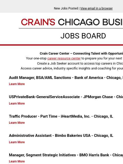 crainalerts newsletter: New jobs posted: Audit Manager, BSA/AML Sanctions ...
