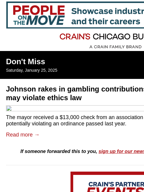 crainalerts newsletter: Johnson rakes in gambling contributions