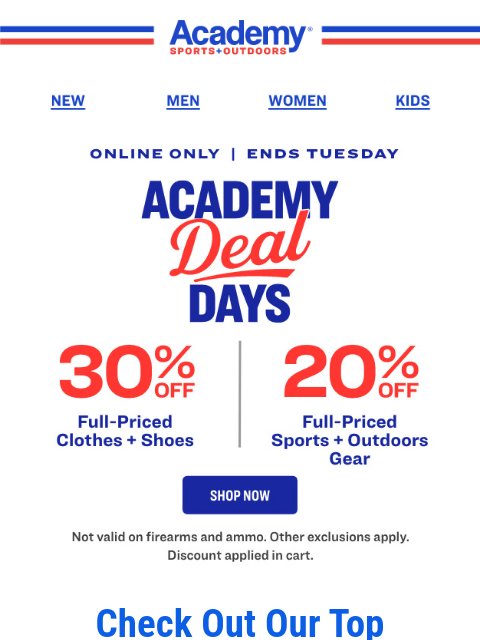 academy newsletter: Cold days, Hot deals! 30% OFF Clothes + Shoes | 20...