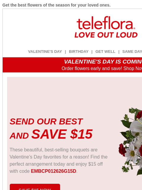 teleflora newsletter: Send Our Best 💕 $15 Off V-Day Flowers