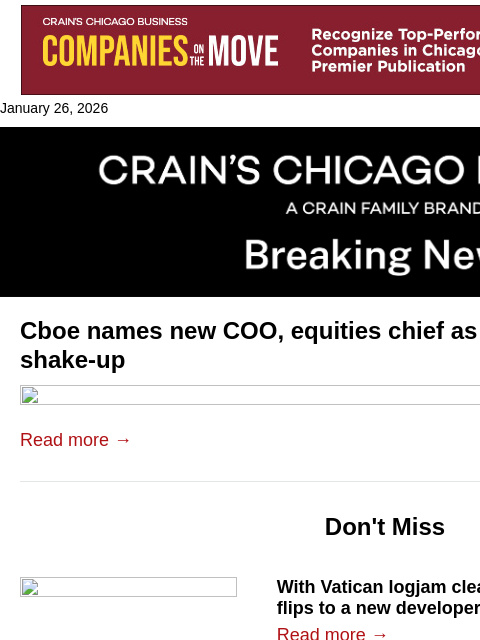 crainalerts newsletter: Cboe shakes up leadership ranks