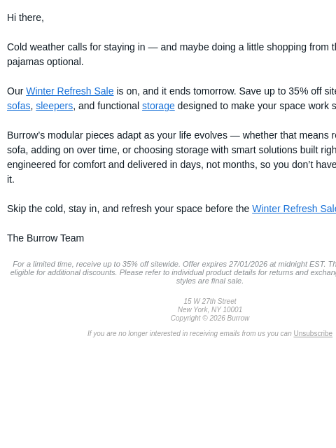 burrow newsletter: Stay in, get cozy, save up to 35% (ends tomorrow)