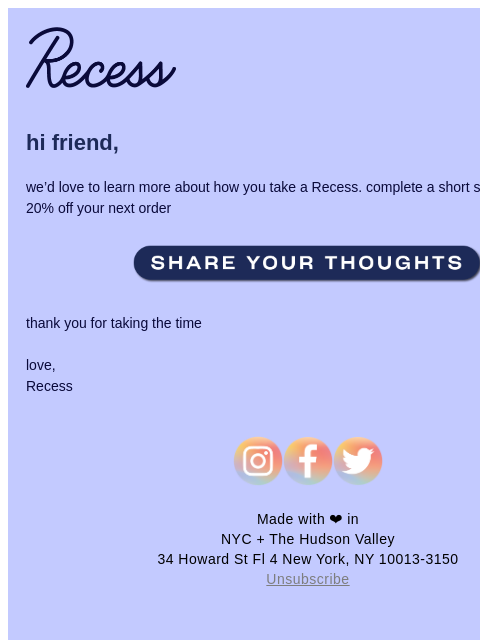 takearecess newsletter: take our survey – unlock 20%