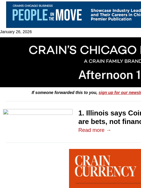 crainalerts newsletter: Illinois pushes back on Coinbase lawsuit