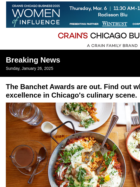 crainalerts newsletter: The Banchet Awards for culinary excellence are out