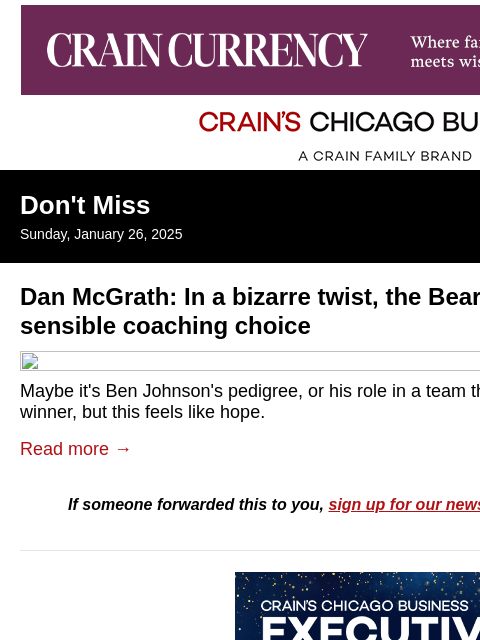 crainalerts newsletter: In bizarre twist, Bears made sensible coaching cho...