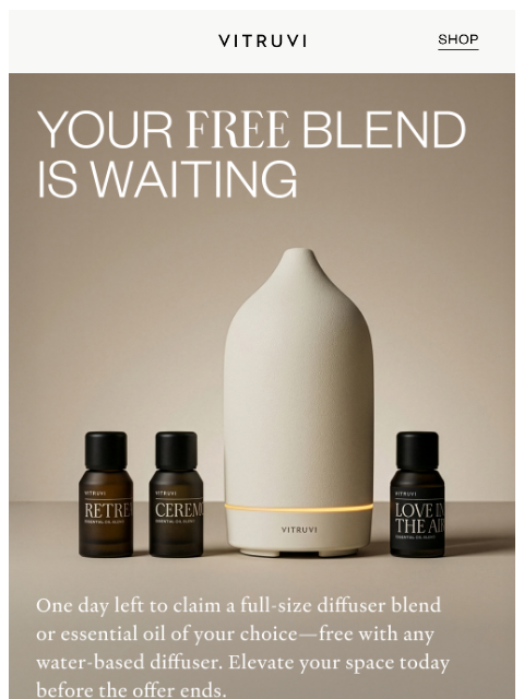 vitruvi newsletter: ENDING SOON: Free Diffuser Blend With Purchase 🌬️