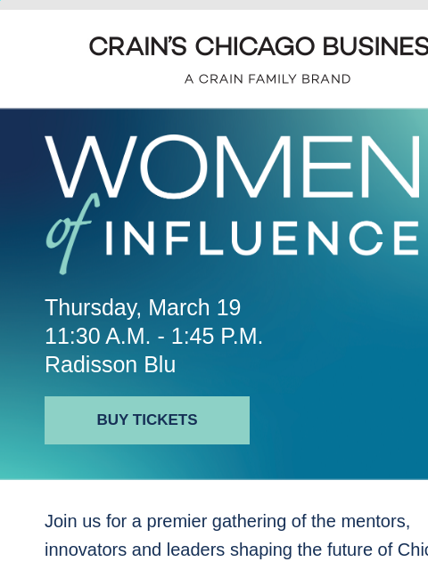 crainliveevents newsletter: Women of Influence Lunch — Registration Now Open