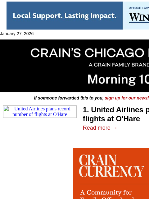 crainalerts newsletter: United plans record summer at O'Hare