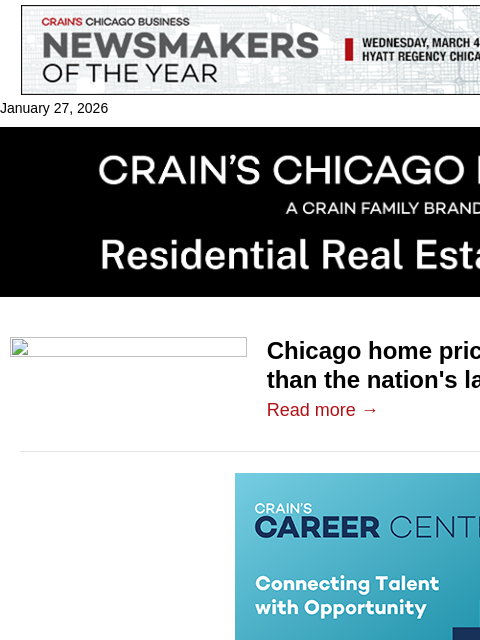 crainalerts newsletter: Chicago home price growth far outpaces U.S.