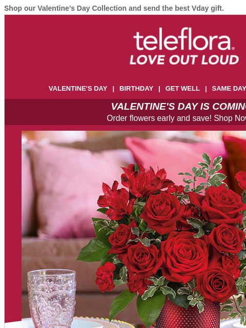 Shop our Valentine's Day Collection and send the best Vday gift. View in browser ‌ teleflora VALENTINE'S DAY | BIRTHDAY | GET WELL | SAME DAY | DEAL OF THE DAY VALENTINE'S DAY IS COMING!