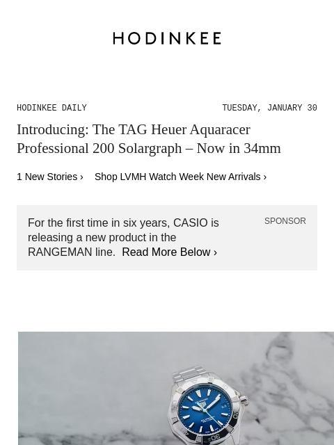 Today on Hodinkee... Introducing: The TAG Heuer Aquaracer Professional 200 Solargraph – Now in 34mm | Hodinkee Daily – Tuesday, January 30 | Introducing: The TAG Heuer Aquaracer Professional 200