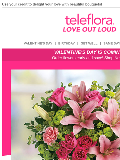 Use your credit to delight your love with beautiful bouquets! View in browser ‌ teleflora VALENTINE'S DAY | BIRTHDAY | GET WELL | SAME DAY | DEAL OF THE DAY VALENTINE'S DAY IS COMING! Order