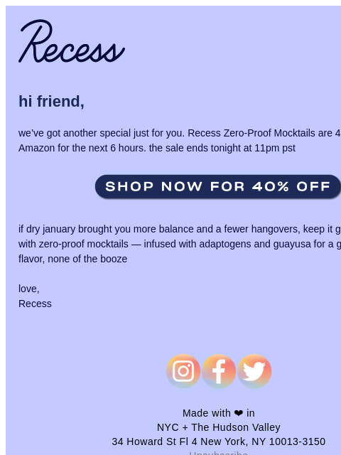 takearecess newsletter: 40% off Recess Mocktails