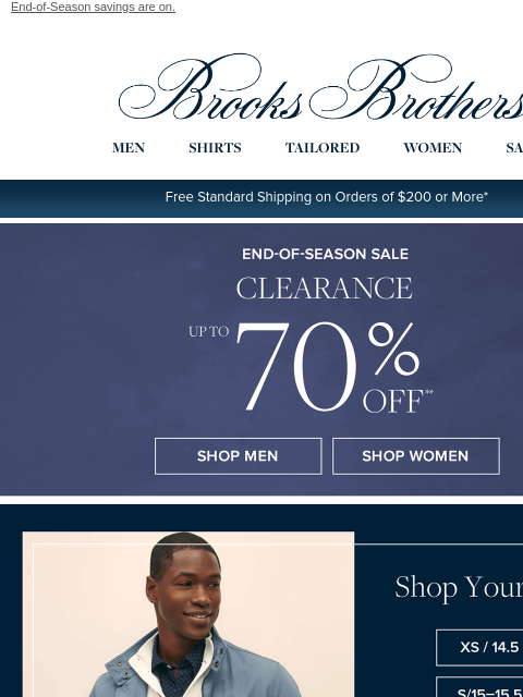 brooksbrothers newsletter: Up to 70% Off sale + 3 shirts for $229