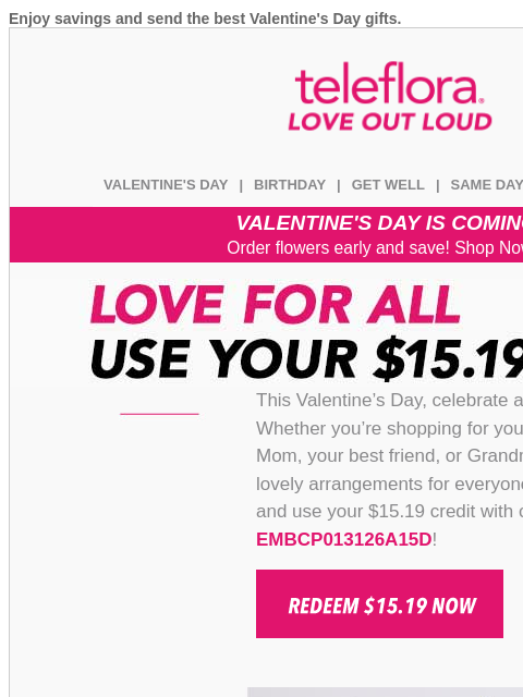 teleflora newsletter: You have a [$15.19] Credit Available