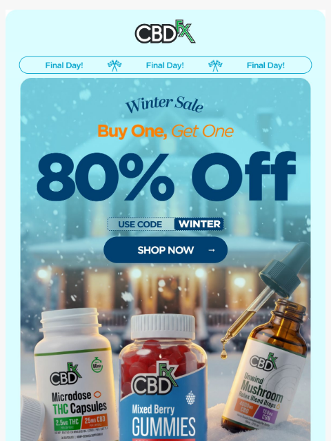 cbdfx newsletter: ❄️ Final Day: Buy one/Get one 80% OFF! ❄️