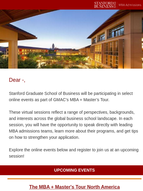 stanford newsletter: Meet Stanford GSB at the MBA + Master's Tour