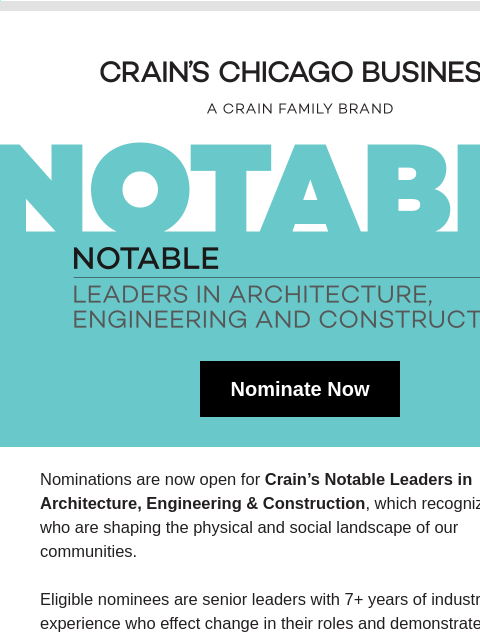 crainalerts newsletter: [Nominations Open] Notable Leaders in Architecture...