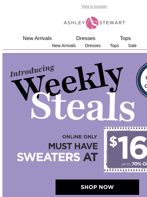 ashleystewart newsletter: WEEKLY STEALS📢$16.99 must-have sweaters!