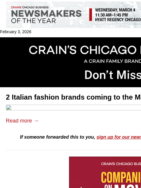 crainalerts newsletter: Italian fashion brands to open on Mag Mile