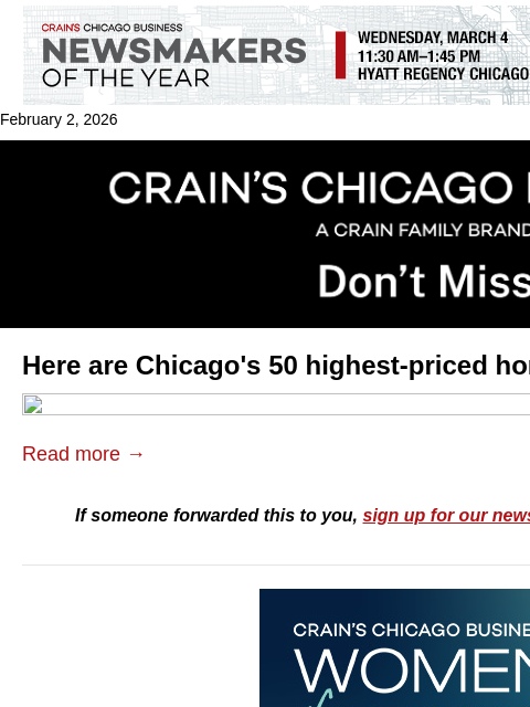 crainalerts newsletter: 50 highest-priced home sales
