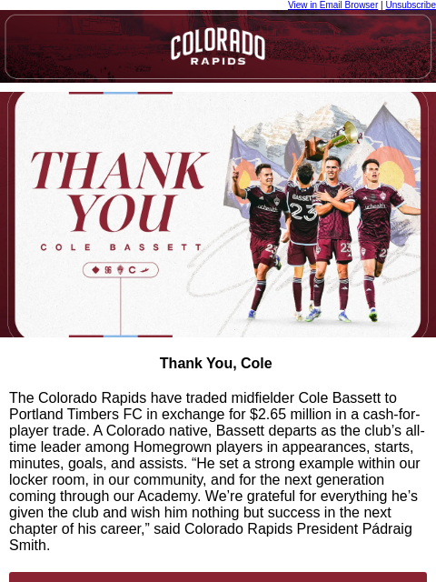 thecoloradorapids newsletter: Thank You, Cole | Just a Few Weeks Until the 2026 ...