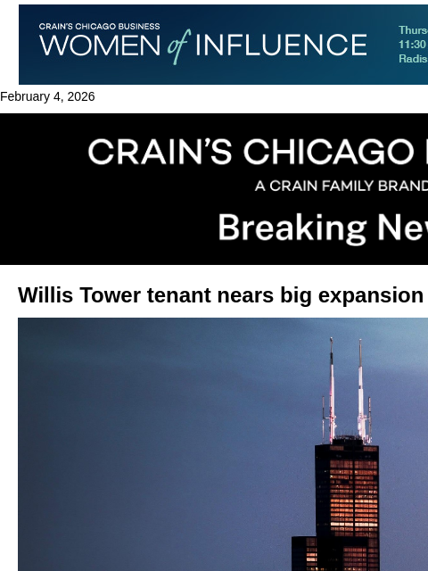 crainalerts newsletter: At Willis Tower, a Dutch trading firm eyes a major...