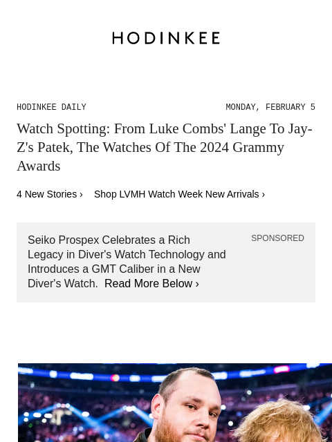 Today on Hodinkee... Watch Spotting: From Luke Combs' Lange To Jay-Z's Patek, The Watches Of The 2024 Grammy Awards | Hodinkee Daily – Monday, February 5 | Watch Spotting: From Luke Combs'