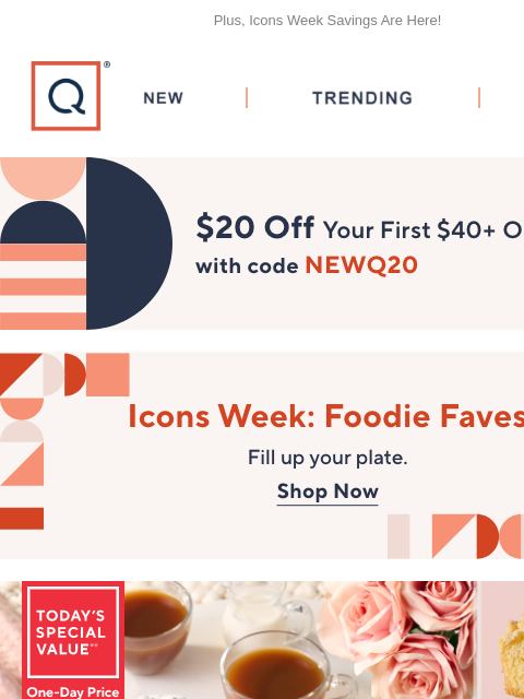 Plus, Icons Week Savings Are Here! QVC New TRENDING DEALS Unlock $20 off Your First Purchase icons week jimmy the baker TSV watch and win banner deals nicole by Nicole Miller Regular Drawstring Pull-On